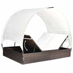 vidaXL Double Sun Lounger with Canopy Poly Rattan Brown