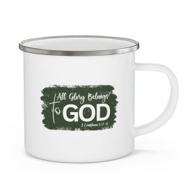 Enamel Camping Mug, All Glory Belongs To God Christian Illustration Dark Green