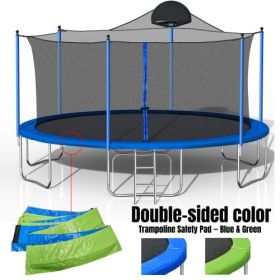 14FT Trampoline For Adults Kids With Basketball Hoop, Outdoor Trampolines W  Ladder And Safety Enclosure Net For Kids And Adults,Double-side Color Cov (Color: Blue)